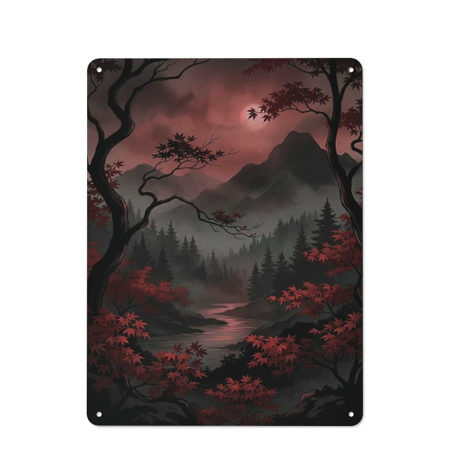 Junmoney Style-13 Misty Mountain Landscape With Red Foliage Shop Front Style Metal Wall Decor 40X30cm, Bistro Metal Sign For Takeaway, Bar, Kitchen Or Counter Area