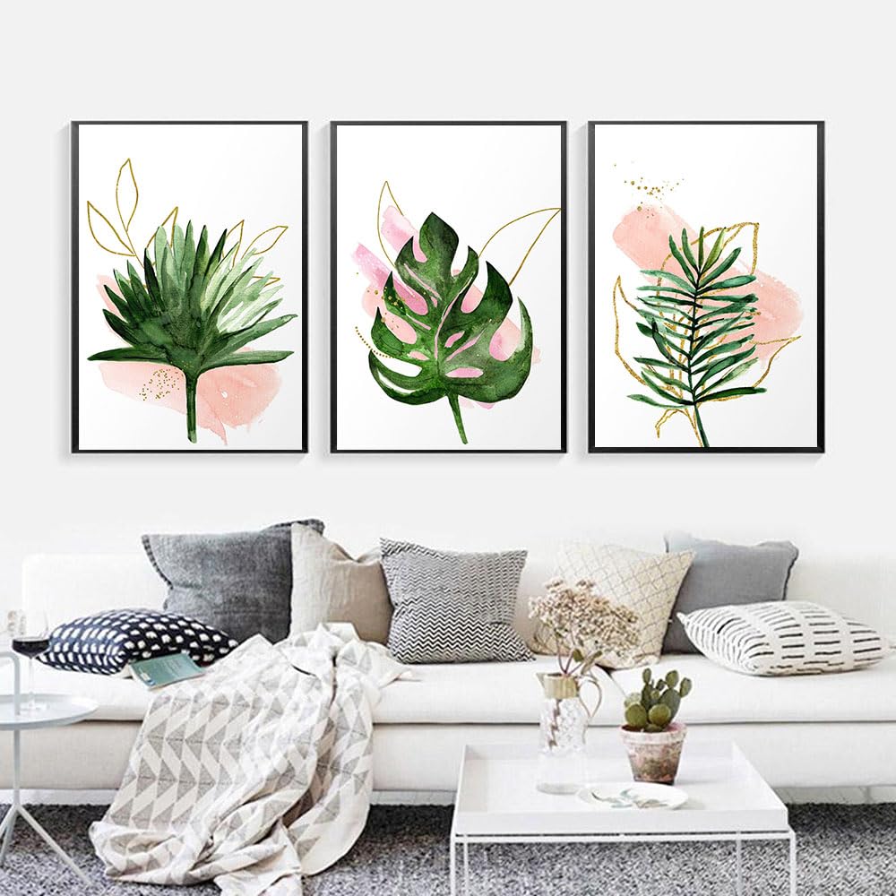WBYZAC Wall Pictures-Abstract Green Gold Fern Leaf Palm Plants Wall Art Canvas Painting Botanical Posters Print Nordic Pictures for Living Room Home Decor-30 * 50cm*3PCS (No Frame)