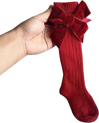 Miniatura 3 de Kayotuas Calcetines altos hasta la rodilla con lazos, calcetines de uniforme con volantes de tubo largo, calcetines de punto acanalado para bebés y