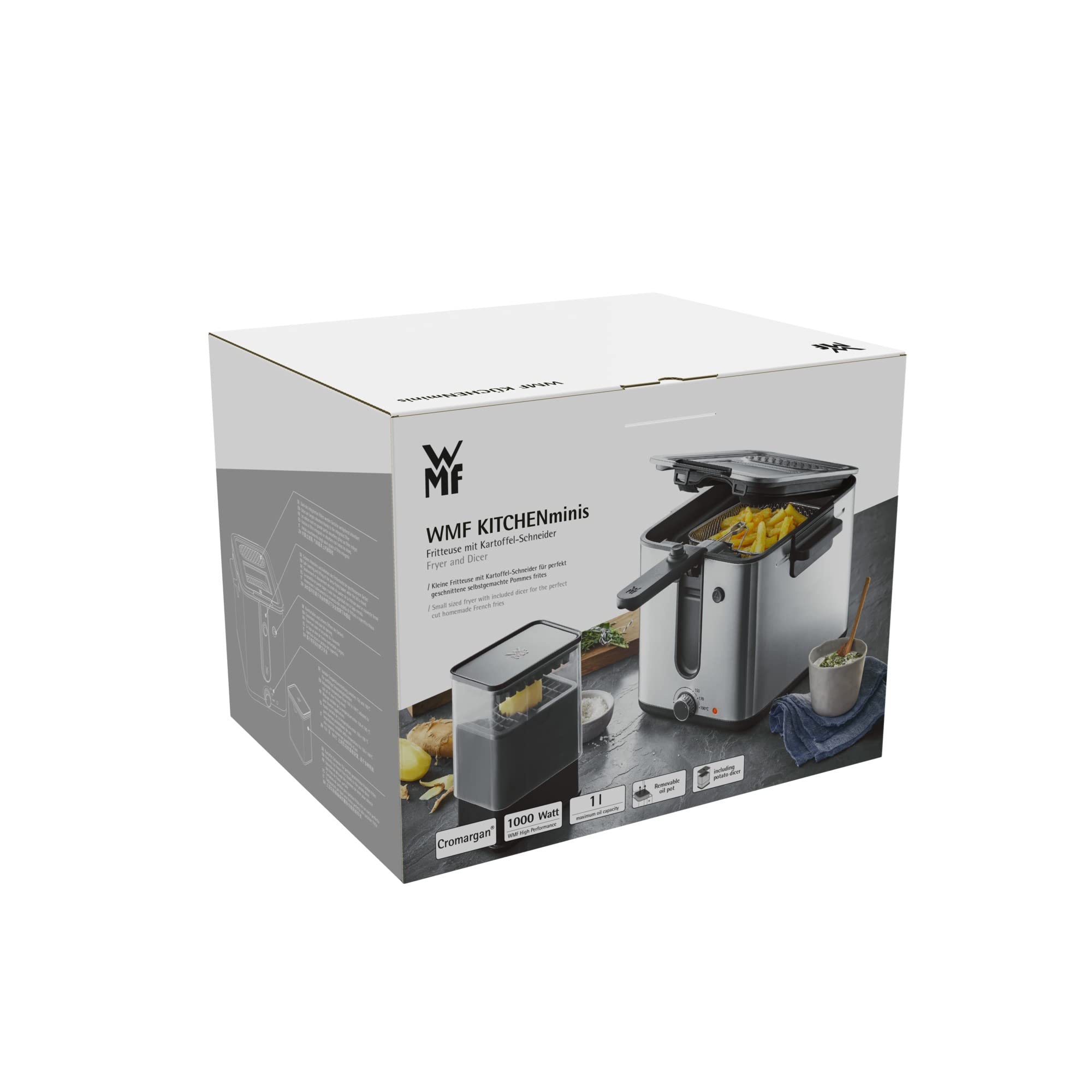 WMF Küchenminis mini frytkownica z tłuszczem/olejem, mini frytkownica z krajalnicą do ziemniaków, 1000 W, wyjmowany pojemnik na olej, na chrupiące frytki, stal nierdzewna matowa