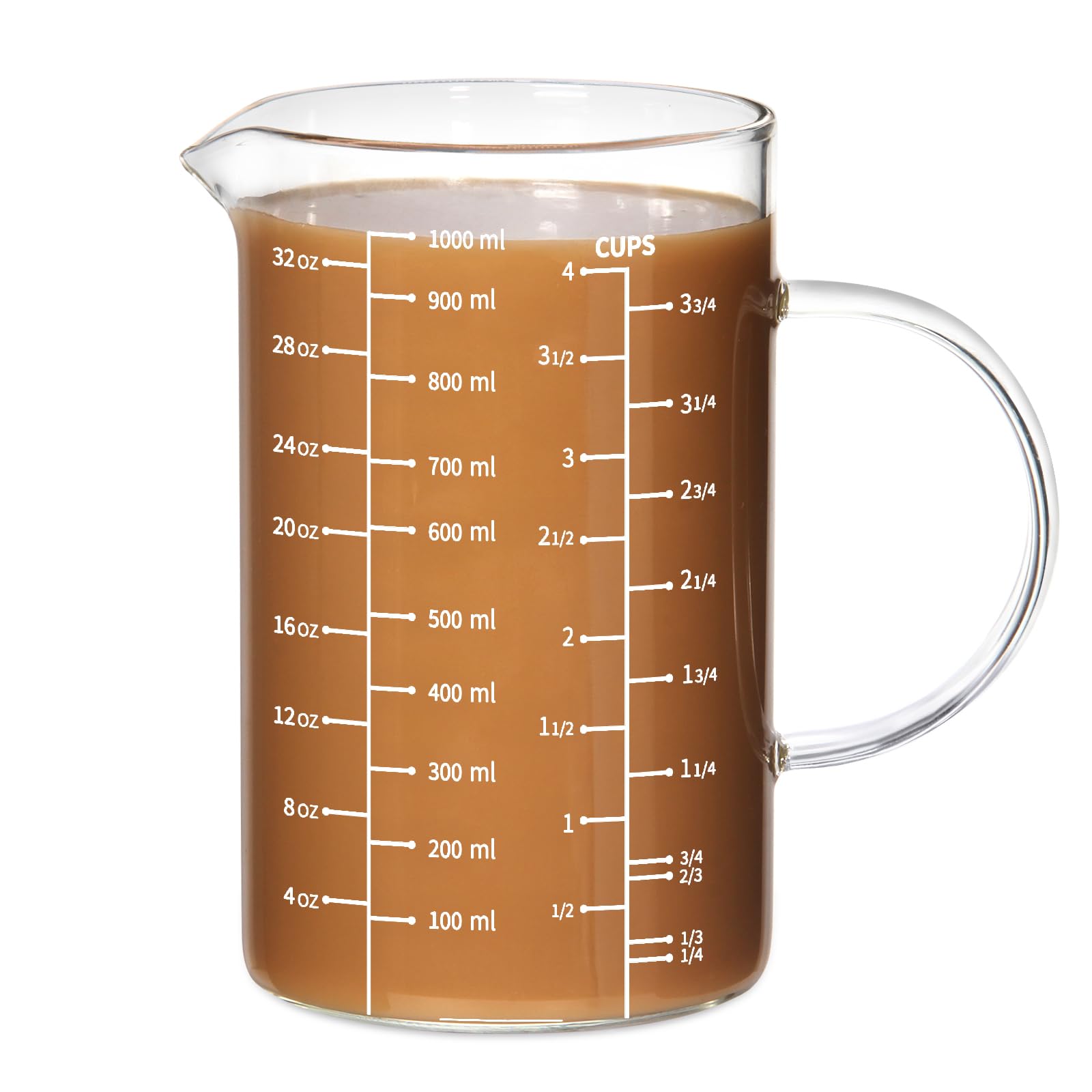 77L 4 Cup Glass Measuring Cup, [Insulated handle, V-Shaped Spout], High Borosilicate Glass Measuring Cup for Kitchen or Restaurant, Easy To Read, 1000 ML (1 Liter, 4 Cup)