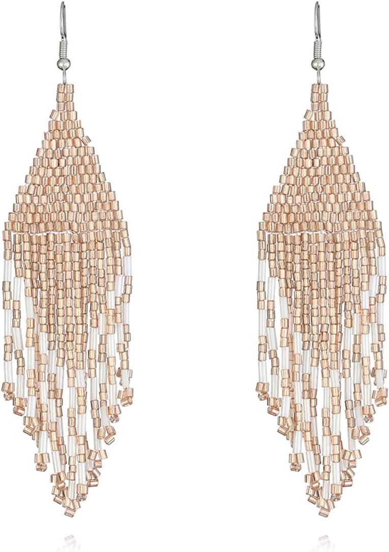 Color Boho Rice Beads Tassel Earrings.Multicolor Long Beaded Dangle Earrings Handmade Woven Drop Earrings Jewelry Gifts for Women