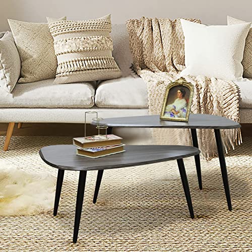 2 Sets Of Scandinavian Light Luxury Living Room Oval Coffee Table,Wood Creative Sofa Side Bedside Table,Modern Minimalist Balcony Coffee Table Cocktail Table Components (Jazz Black) #TOP7