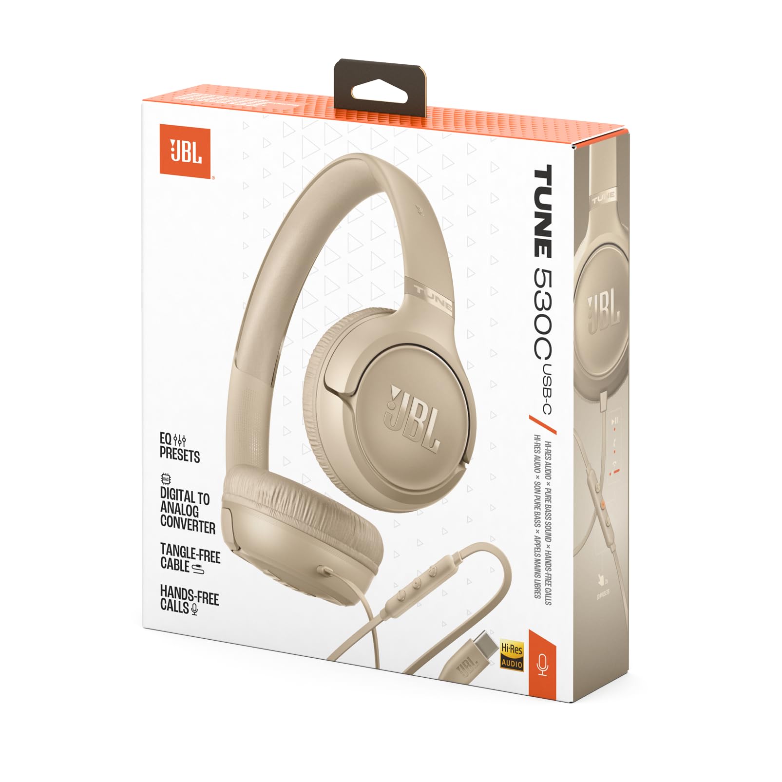 JBL Tune 530 C, Casque Filaire Supra-Auriculaire, Beige | Confortable, avec Micro, Son JBL Pure Bass, connectivité USB-C, Préréglages EQ, Design Pliable et Câble Anti-Nœuds