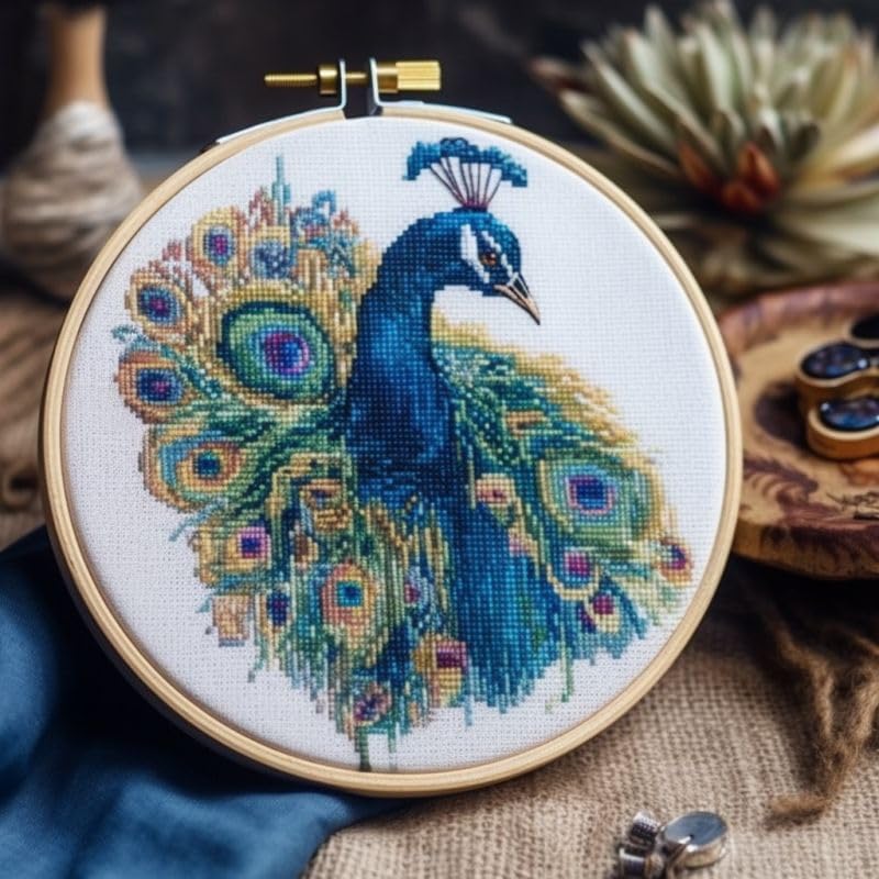 Image of Generic Counted Easy Cross Stitch Kits Peacock Color Stamped Embroidery for Starter Kits DIY 11CT Stamped Patterns Embroidery Needlework Kit Supplies 12 Inch Hoop Included(122-P), ZGF-XIUP DK122