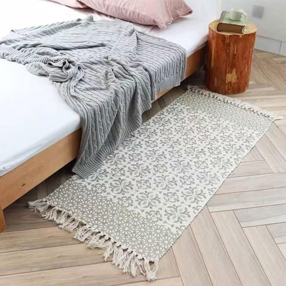 Tapis Bohème Lavable The Seeker - Coton Tissé Main, Pompons, 60x90 Cm