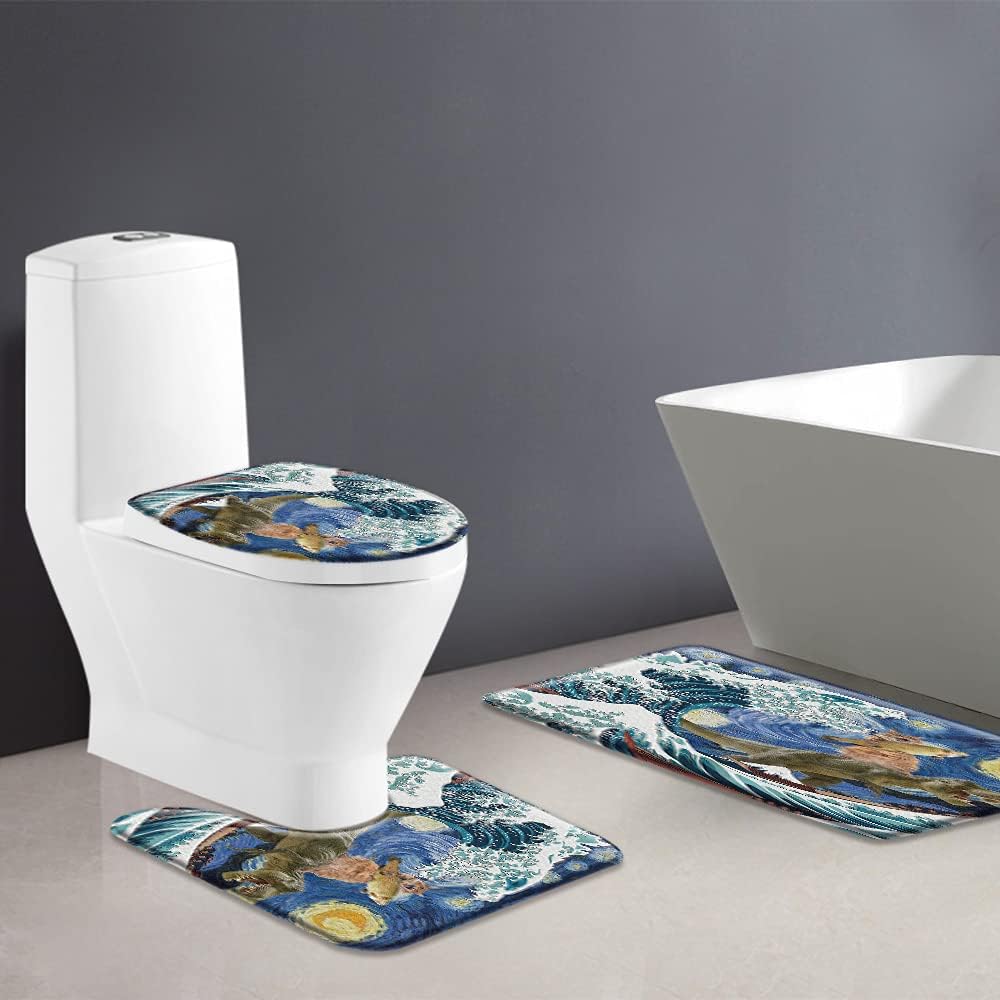GCTNBJL Funny Cat 3 Piece Bath Mat Sets,Kitten Dinosaur Great Wave Strarry Sky Oil Painting Dino Blue Bathroom Memory Foam Rug,17.8"x29.5"Bath Mat,Toilet Seat Cover,U-Shaped Toilet