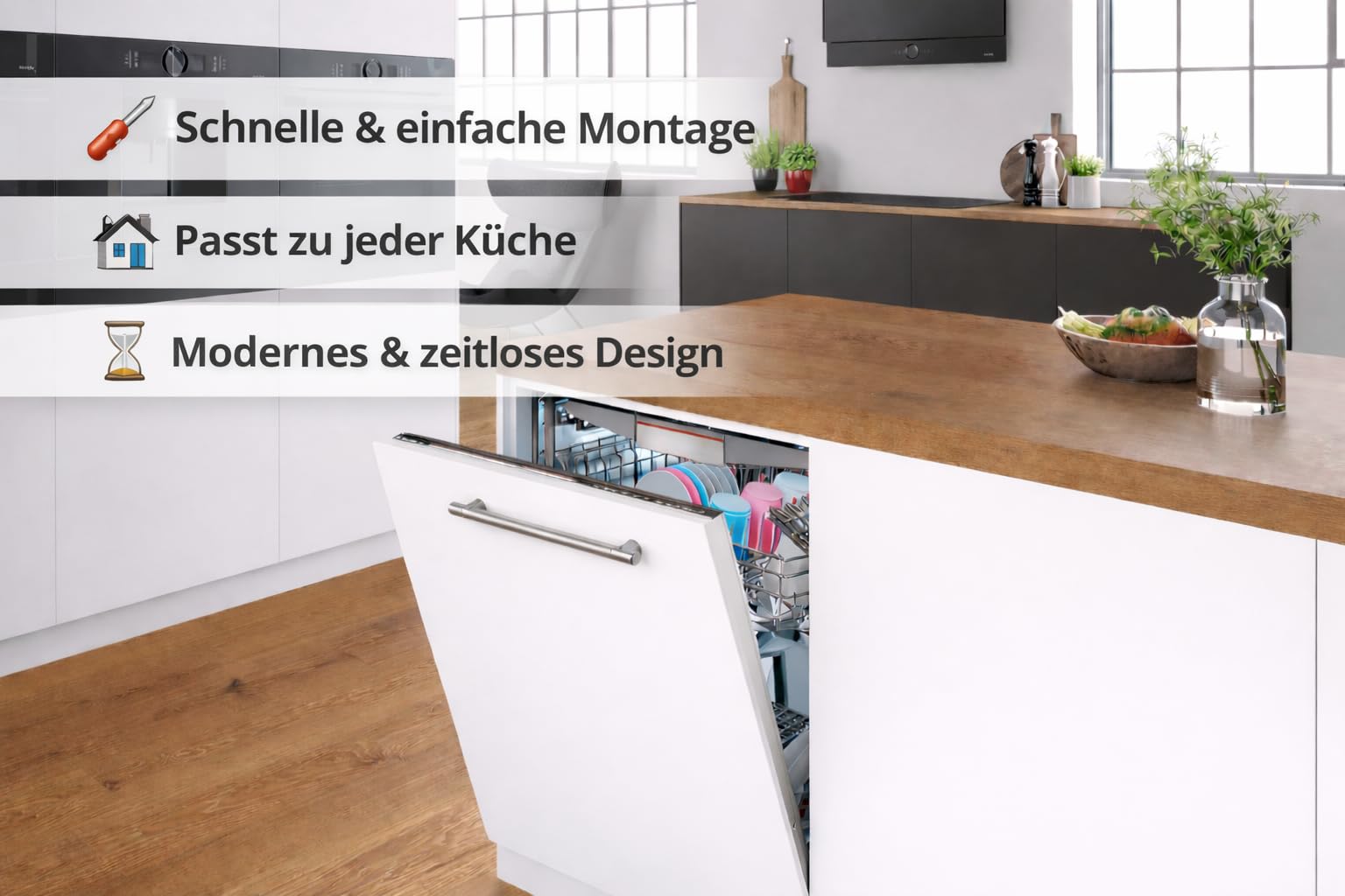 Geschirrspülerfront/Blende – 19 mm MDF – für vollintegrierte Spülmaschinen – inkl. Edelstahlgriff – 715×594 mm – Schwarz Hochglanz