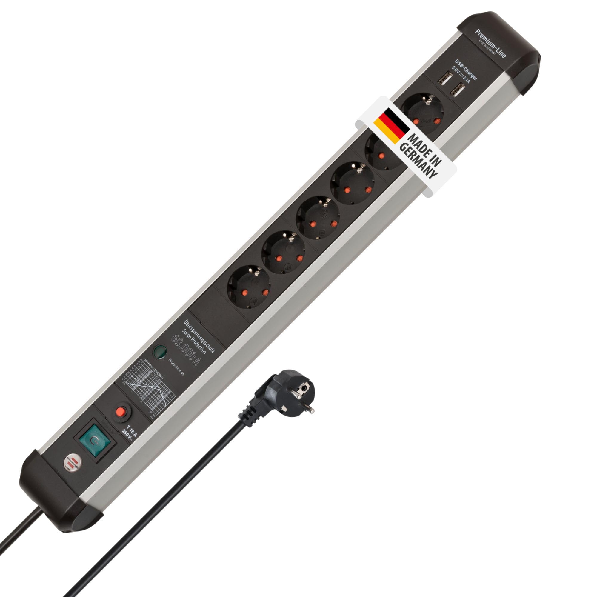 Brennenstuhl Premium-Protect-Line regleta enchufes con USB, 6 Tomas y protección contra sobretensiones (Cable de 3m, 2X Carga USB 3.10A, Interruptor, Fabricado en Alemania) Plateado/Negro