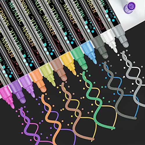 Vamoseehi Glitter Markers, 12 Colors Premium Metallic Paint Pens, Dual Tip Metallic Markers For Kids, Adults, Black Paper Drawing, Rock Painting, Wood, Metal, Album, Diy Scrapbook Crafts #TOP3