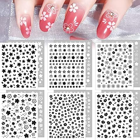 Kalolary Nagelsticker Blumen, 12 Blatt Selbstklebend Kirschblüten Abziehbilder Weiße Schwarz Nagel Abziehbilder 3D Nail Art Tattoo Aufkleber Cover