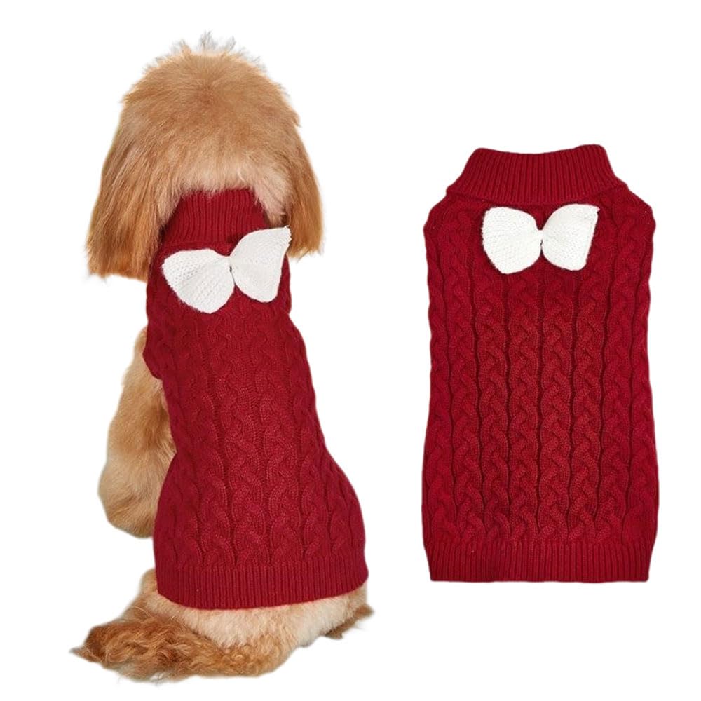 FANSU Small Dog Jumper, Solid Colours Soft Turtleneck Puppy Sweater with Bow Warm Winter Knit Dog Pullover Vest Coat for Small Medium Large Dogs and Cats (L,Burgundy)