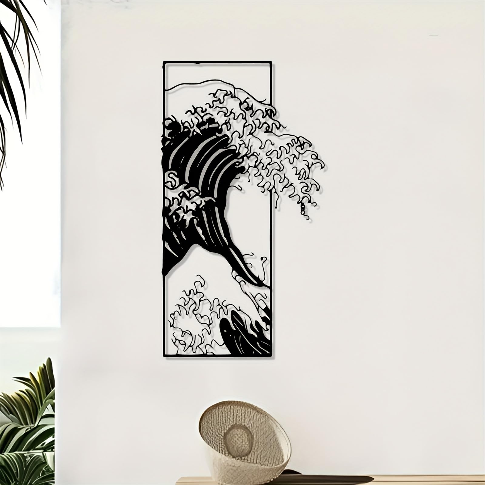 Decoración de pared abstracta contemporánea de metal La Gran Ola de Kanagawa - Mural de estatua de hierro estilo Hokusai, temática costera para interiores/exteriores, regalo único de Navidad y pa