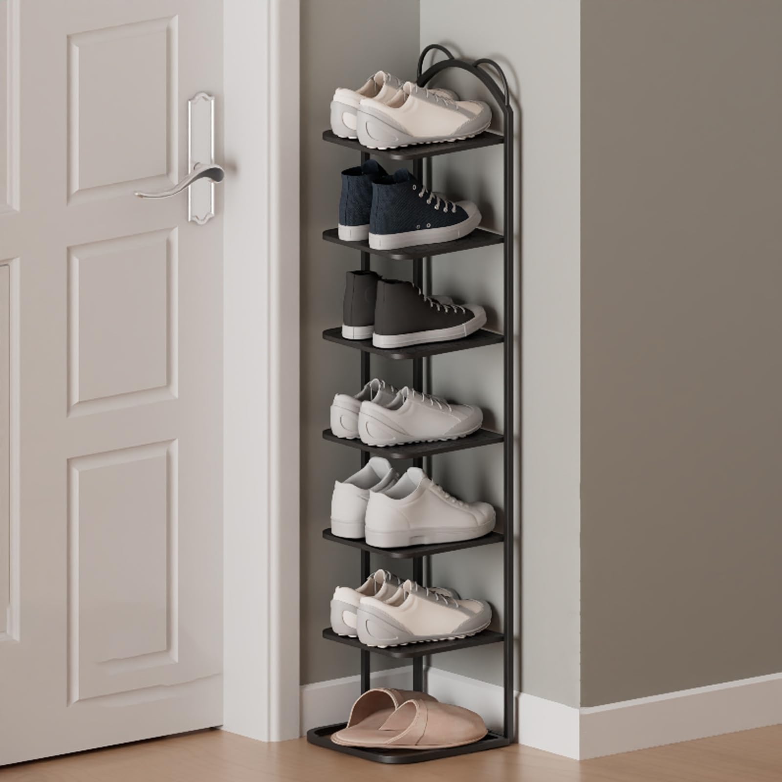 Entrée encombrée ? Étagère à chaussures étroite 7 niveaux noire pour un gain de place immédiat