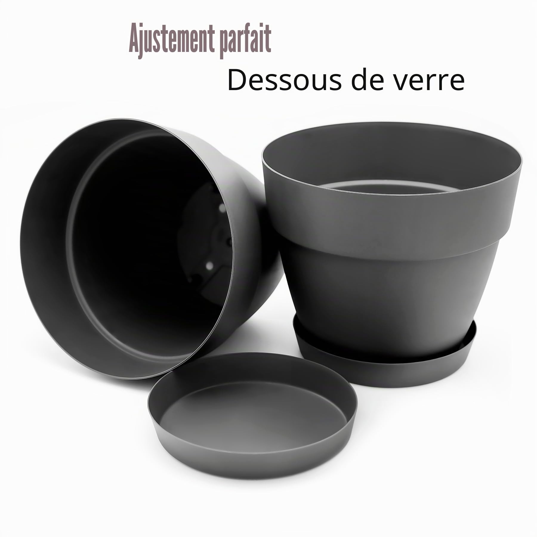 BigDean Lot de 3 pots de fleurs ronds avec soucoupe, diamètre 47 cm, anthracite, cache-pot pour l'intérieur et l'extérieur, en plastique incassable et fabriqué en Europe