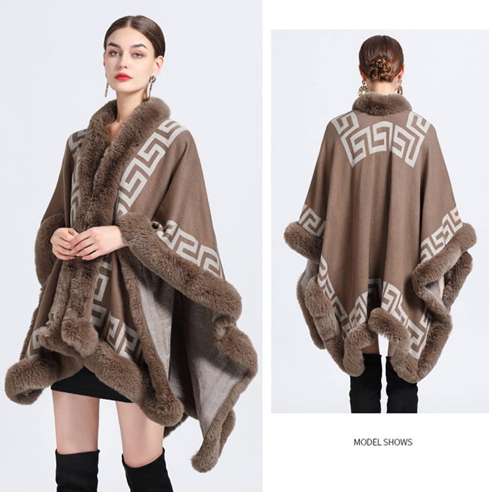 Autunno Inverno Donne Fine Knit Sciarpa Collare Capo Cardigan con Faux Fur Trim Layers Poncho, Faux Rabbit Fur Capo Wrap Scialle Cappotto di Lana