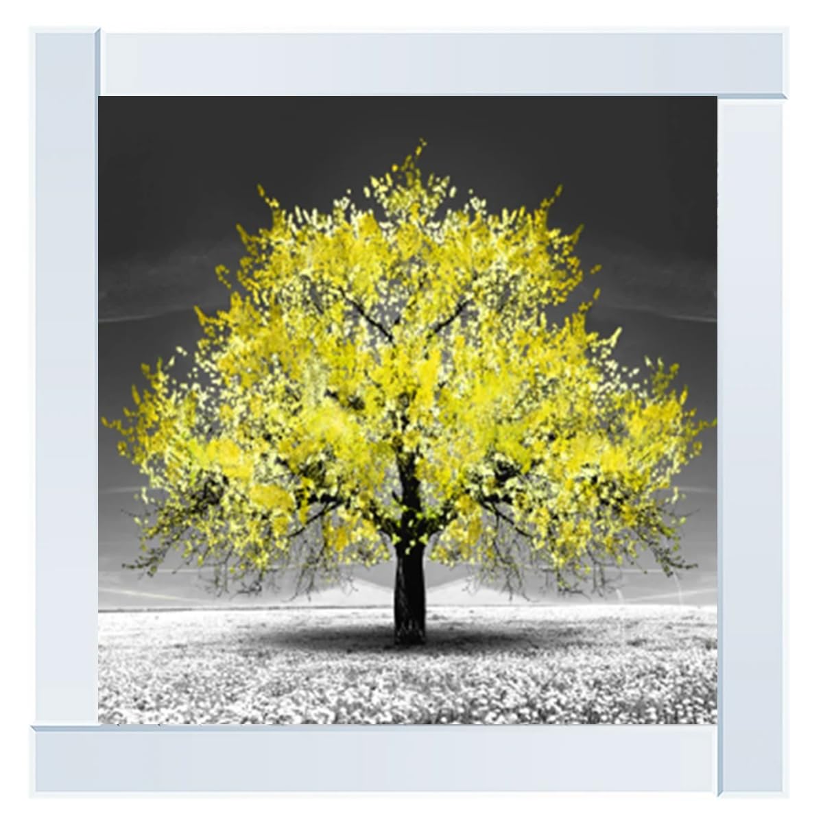 Biznest Blossom Tree Picture in Mirrored Frame Glitter 3D Wall Art Picture Glitter Liquid Art Home Decor 55x55Cm (Yellow Tree)