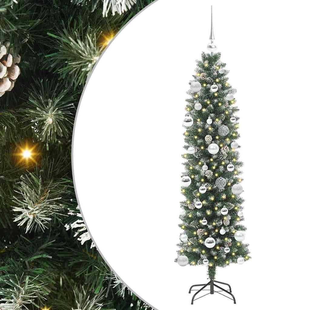 Albero di Natale artificiale sottile verde e bianco 150 cm con 150 LED bianco caldo, 8 modalità, punte in PVC, alimentate USB, per interni ed esterni protetti, decorazione festiva