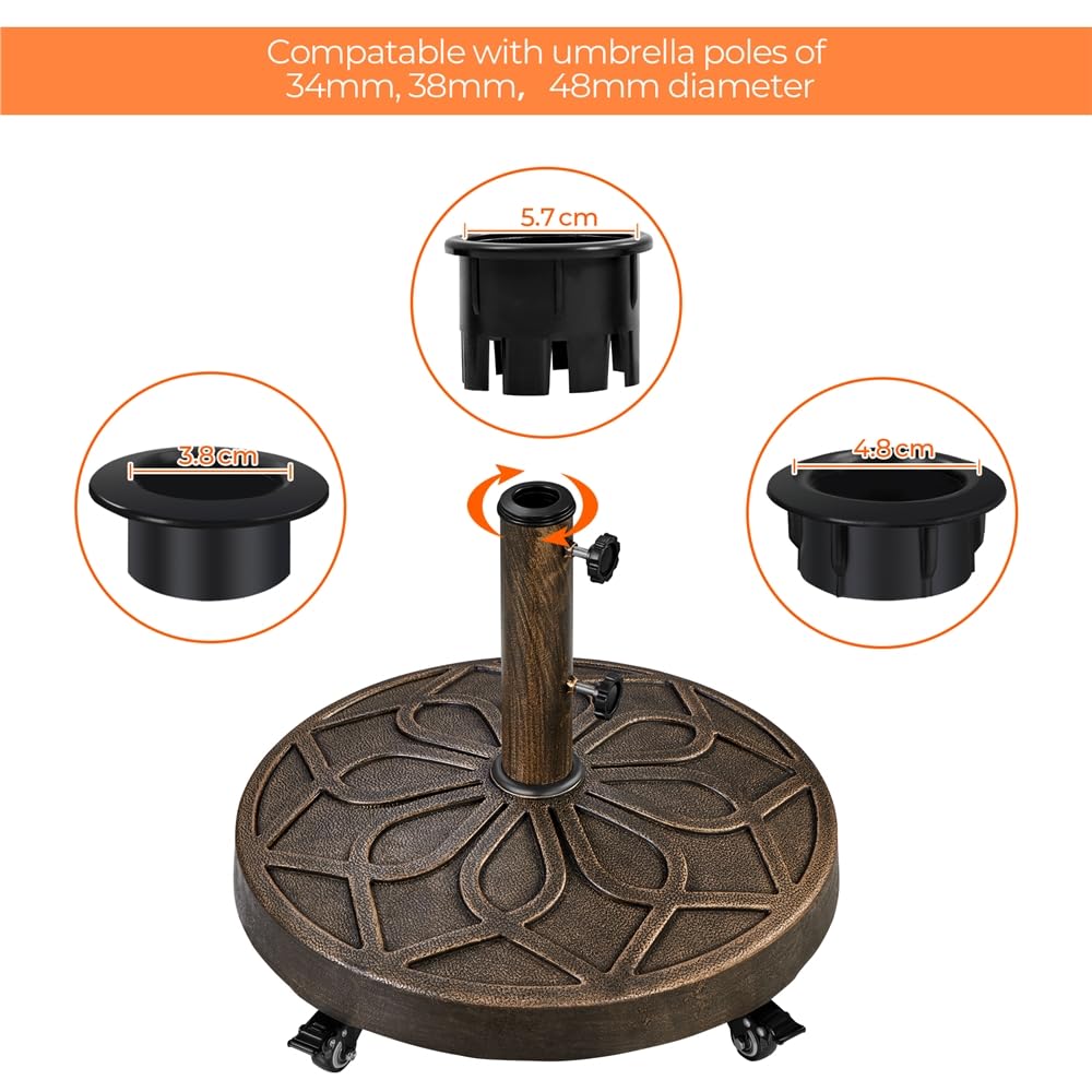 Yaheetech Pied de Parasol à roulettes 21 kg Base de Parasol Lourde en Résine Auto-lestée Style Rétro pour Mât de Ø 3,8/4,8 cm Extérieur Bronzé