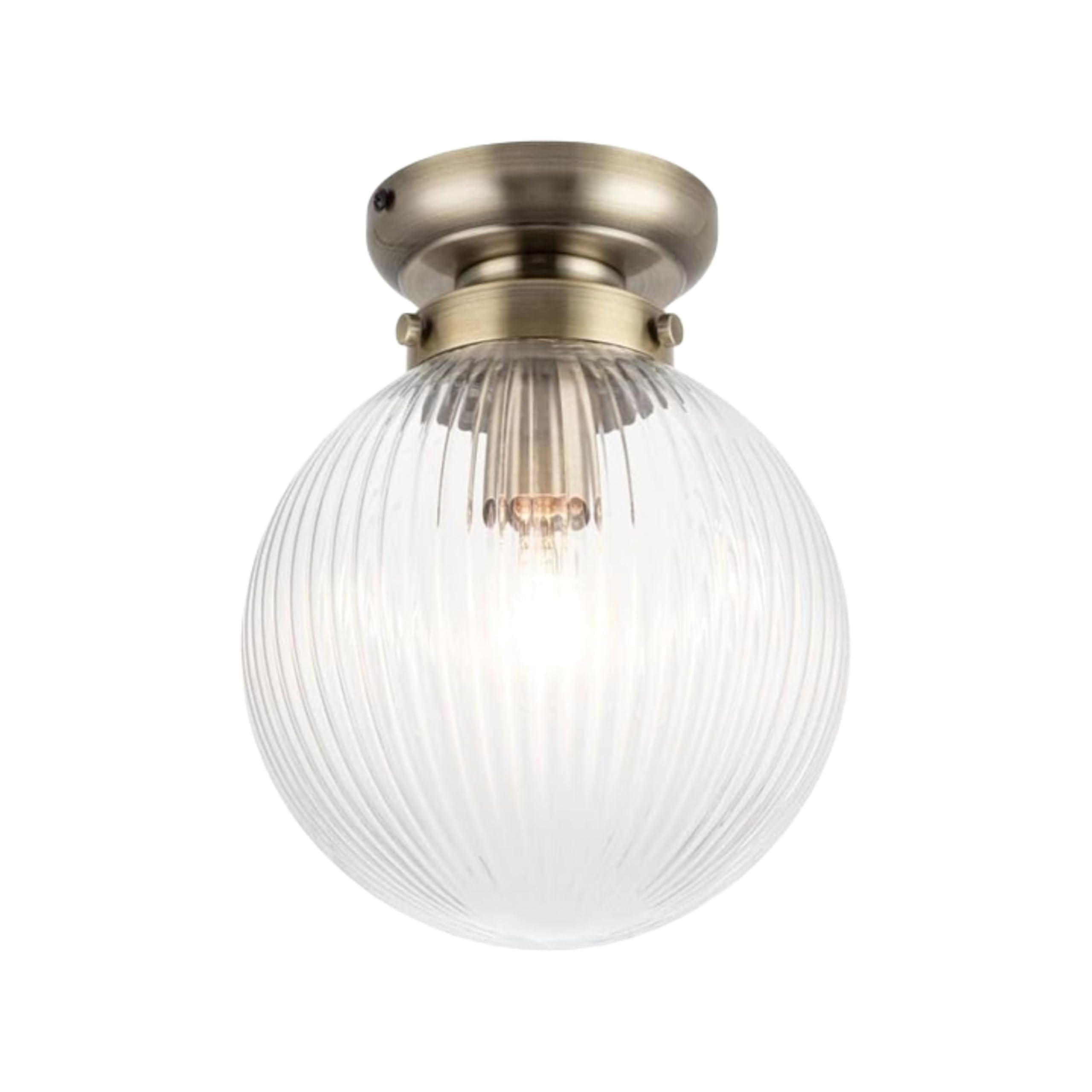 Cosylyte Bronze Finley Bathroom Ceiling Light, Classic Ribbed Glass Flush Ceiling Light, Brushed Base, Ip44 Rated, E27, Indoor Bathroom Lighting