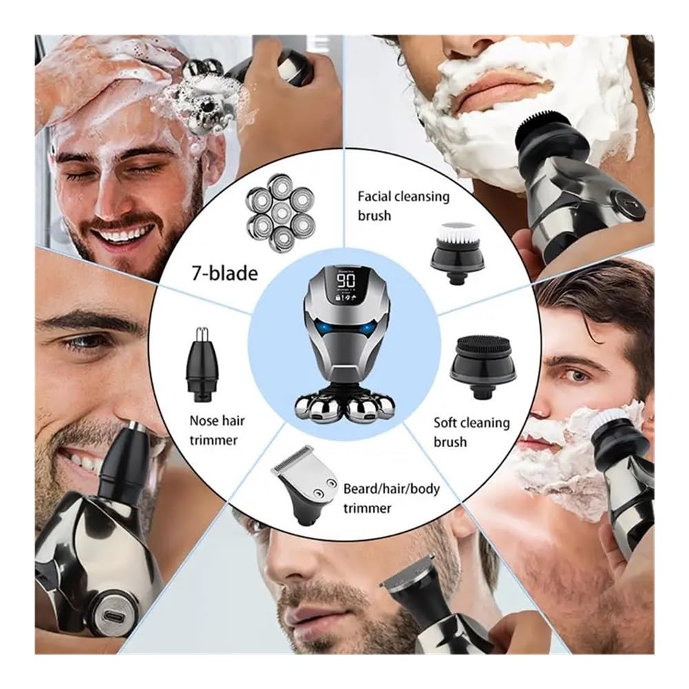 Razors - Maquinilla de afeitar inalámbrica recargable eléctrica para hombre, 7 cabezales flotantes, recortadora de pelo de nariz, cepillo de limpieza facial, puede afeitarse la cabeza (juego de
