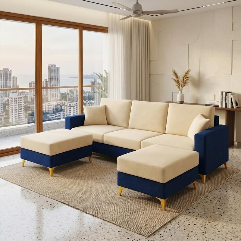 Image of Strike Dual Tone Plush 5 Seater L Shape Sofa Set with 2 Movable Ottomans| Flexible Layout | Silken Velvet Suede| Golden Metal Legs |for Living Rooms & Office Spaces (Dark Blue & Cream)