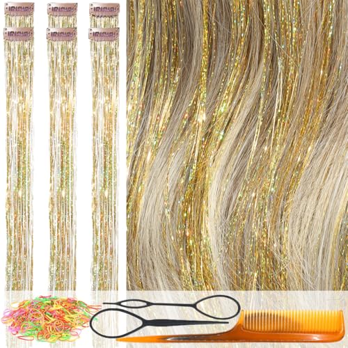 CelineBella Clip in Hair Tinsel Kit,Gold Tinsel Hair Extensions,24 Inch,Heat Resistant,for Girls Kids New Year Gift Party Cosplay