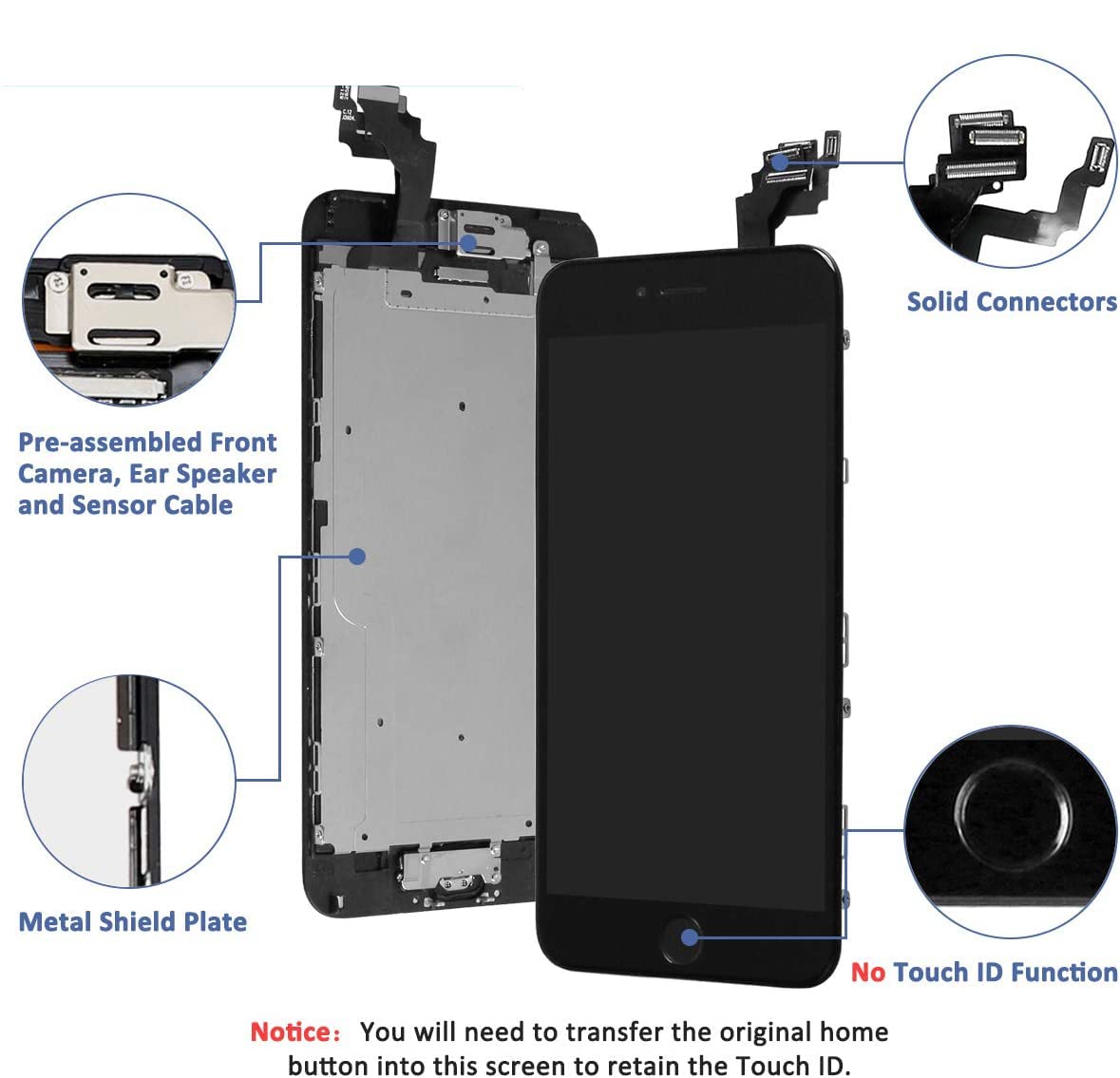 Pełny ekran do iPhone'a 6 Czarny: Retina LCD + szkło dotykowe w całości zmontowane na obudowie