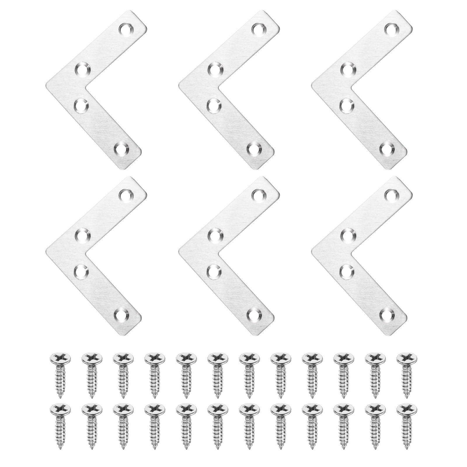 sourcing map 6Pcs l Shape Flat Bracket, 60mm x 60mm Metal Flat Corner Bracket Right Angle Corner Brace Mending Plate with Screws for Wood Frame Furniture Fixing Joining, Silver