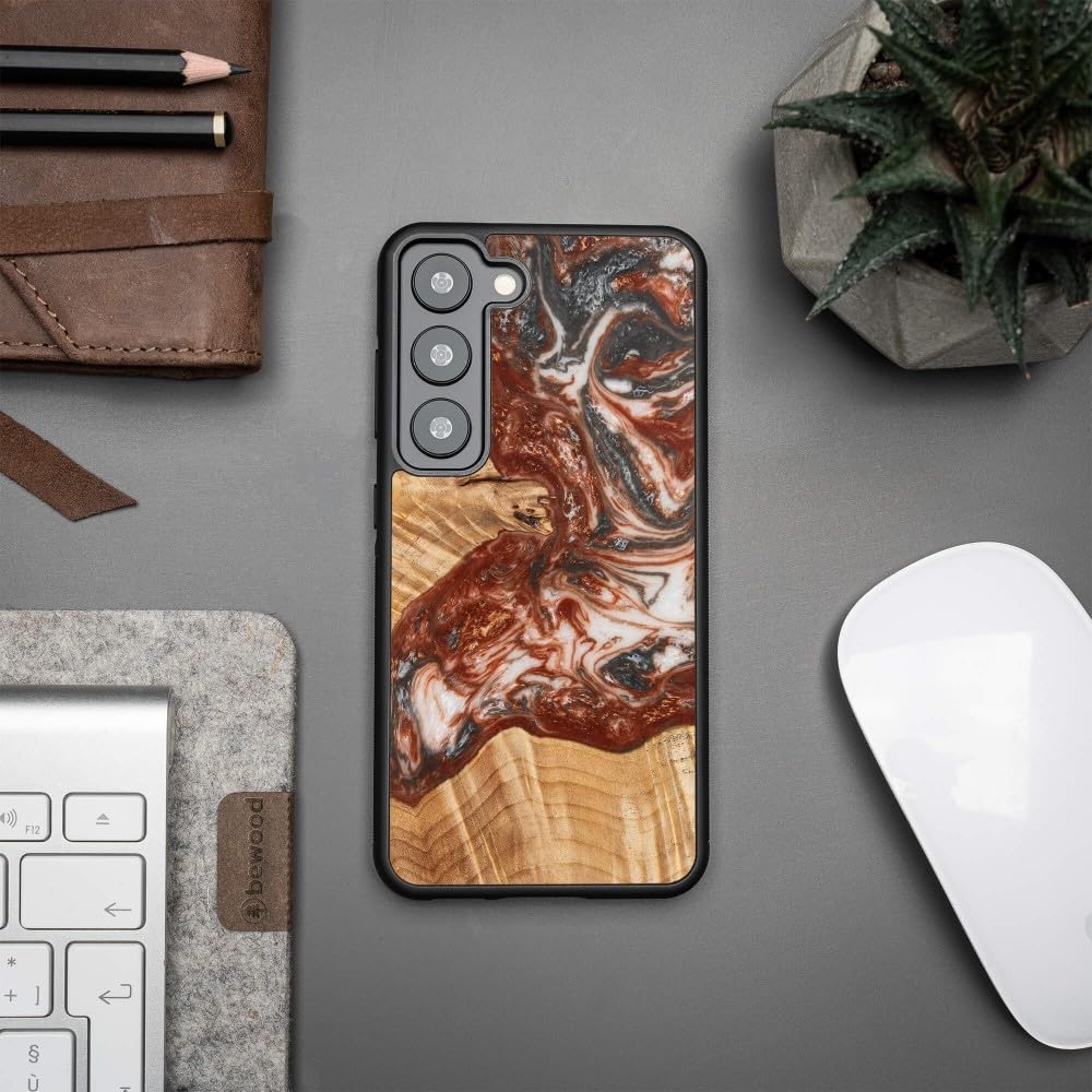 Funda única compatible con Samsung Galaxy S23, hecha a mano de madera de bocote y resina, diseño de Planets Wenus, resistente a los golpes con marco de silicona TPU