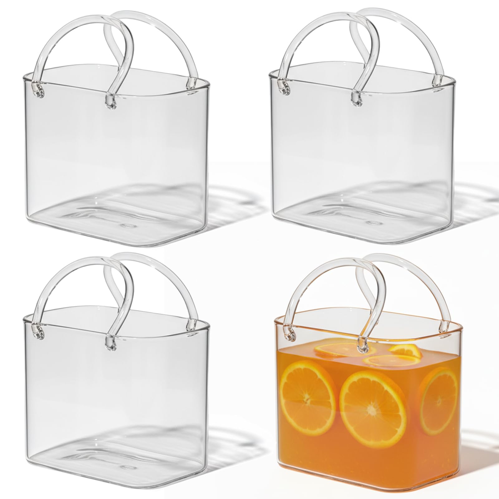 4er-Pack Glas-Vase im Handtaschen-Design für Getränke 770 ml einzigartige Trinkgläser Cocktailbecher im Handtaschen-Design für Saft klares Borosilikatglas
