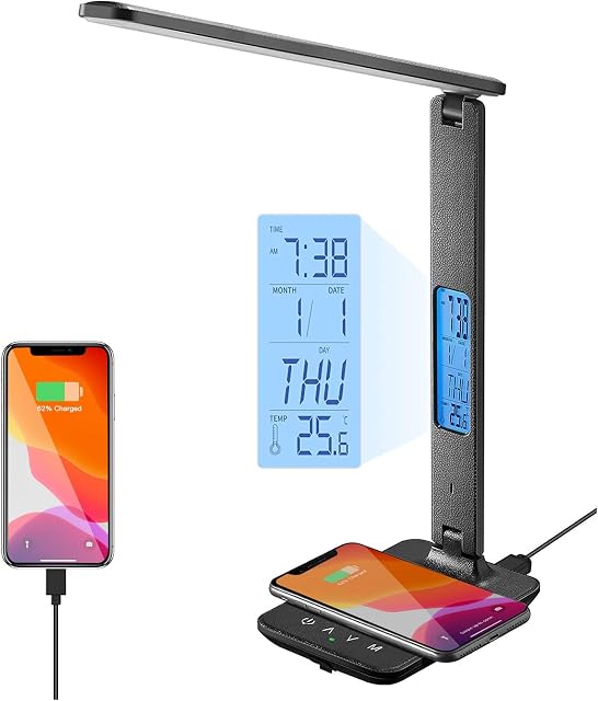 Desk Lamp with Wireless Charging 10W Clock - LAOPAO LED Light USB Charging Port Table Lamp, 3 Colour Temperatures, 3 Brightness Levels,Touch Control, Time,Temperature,Clock Function for Home Office