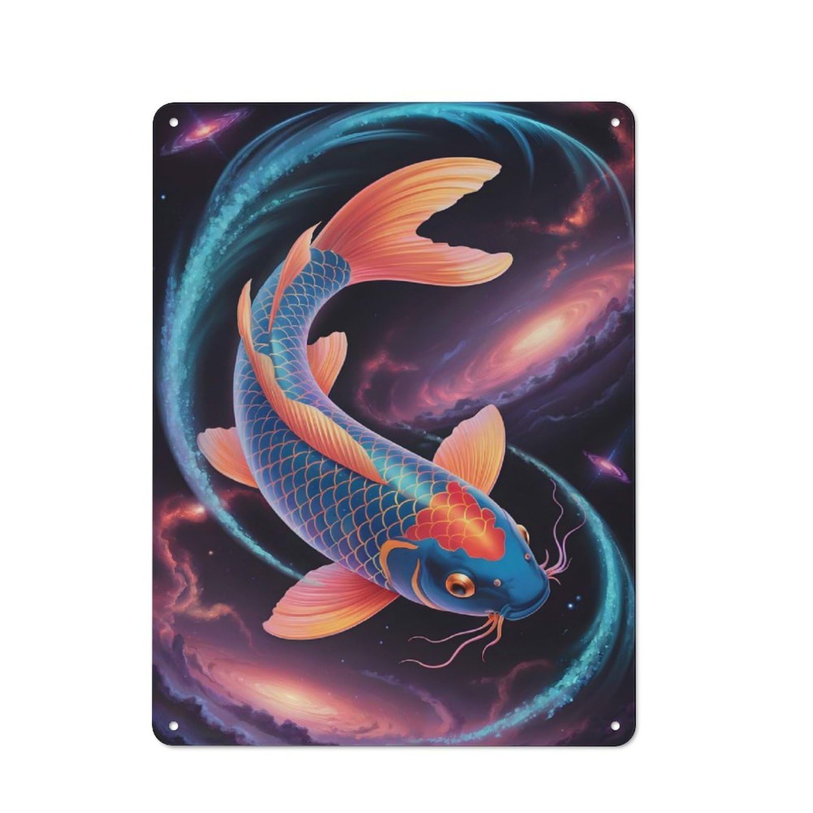 Junmoney Style-18 Modern Retro Decorative Metal Plaque 40X30cm Featuring Cosmic Koi Fish, Loft Wall Plaque For Flat, Bar, Studio Or Gallery Wall