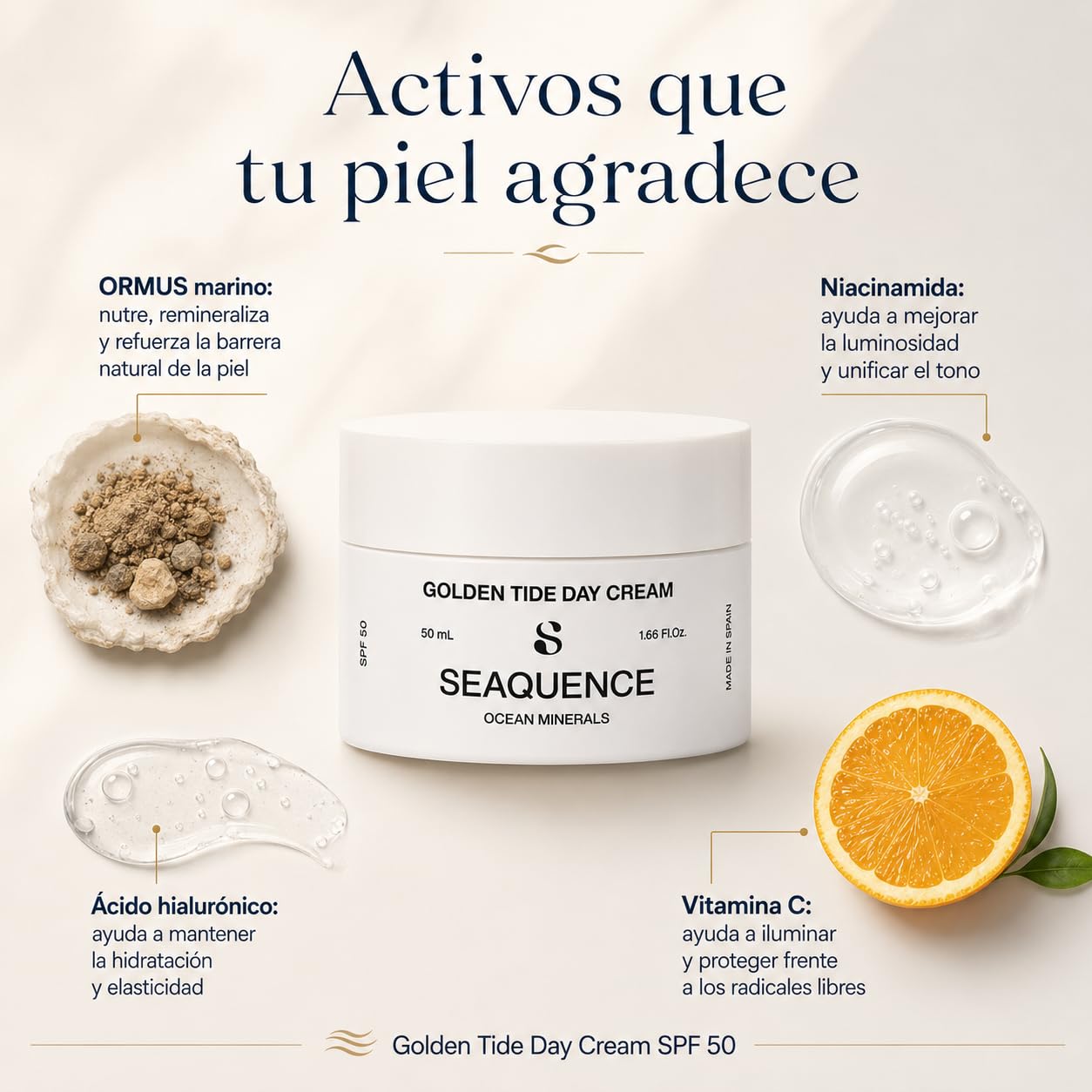 SEAQUENCE Golden Tide Day Cream SPF 50 50 ml | Crema de Día Facial con Ormus Marino, Ocean Trace Minerals, Niacinamida, Vitamina C Estabilizada, Vitamina E y Ácido Hialurónico | Hidratación total