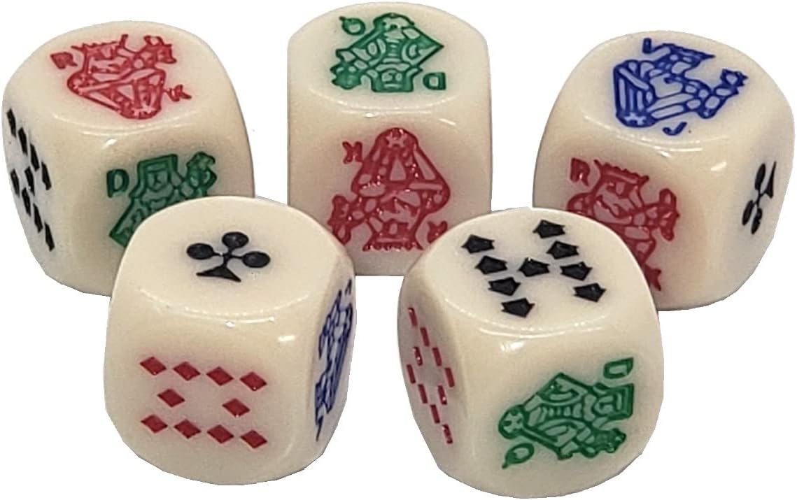 Set of 16mm Ivory Tone Poker Dice Rounded Corners and Black PU Leather Dice Cup Plush Felt Lined - Gift Boxed (Red Lining)