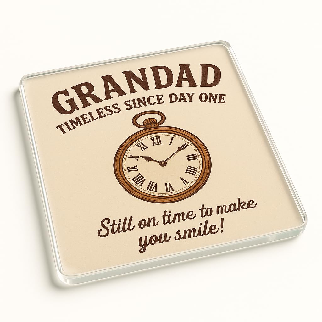 The Plum Penguin Timeless Chuckles Vintage Acrylic Coaster Gift For Grandad Birthday - Retro Pocket Watch Illustration Humorous Novelty Present Home Table Decor