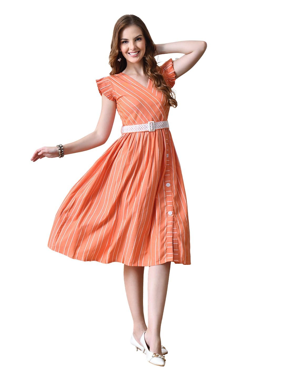 majesta Women's Cotton Striped Dress for Women | Western Style Fit & Flare Dress with Embroidered Belt | Casual, Party Dresses for Women-picture-13