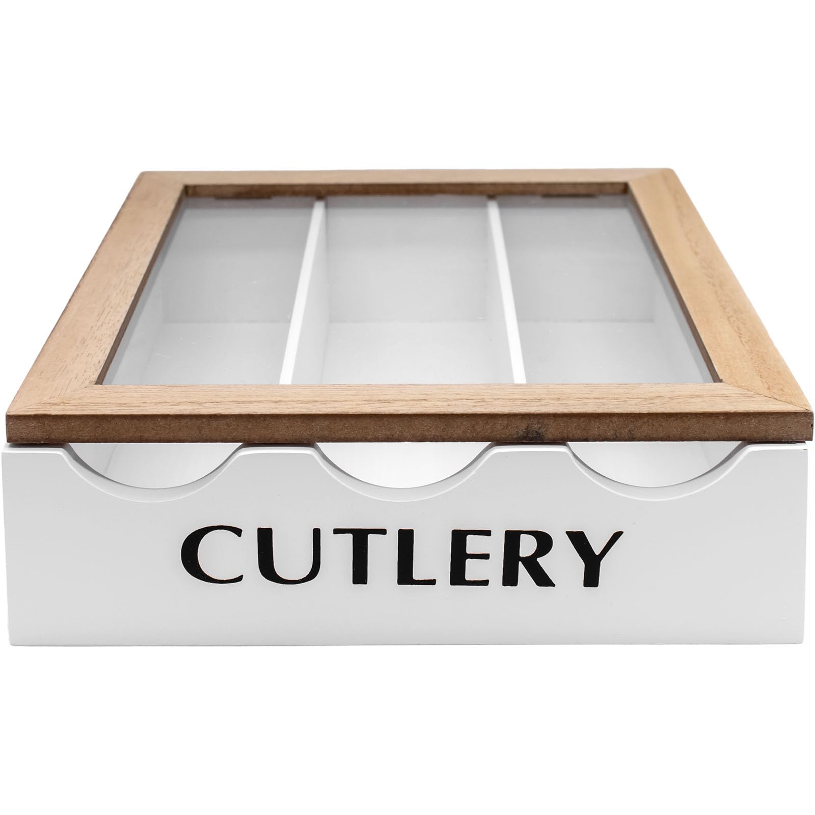 Maison Des Cadeaux White Wooden 3 Compartment Window Lid Cutlery Utensil Organiser Rack Holder