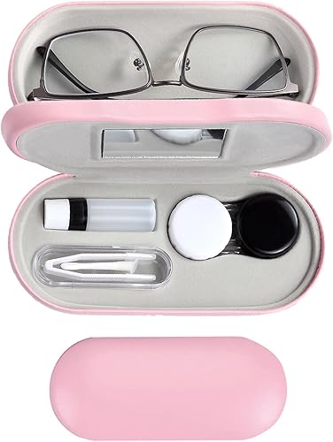 MUDOR Estuche para lentes de contacto y lentes 2 en 1, kit de viaje incluye herramienta de extracción con pinzas, diseño de doble uso (rosa)
