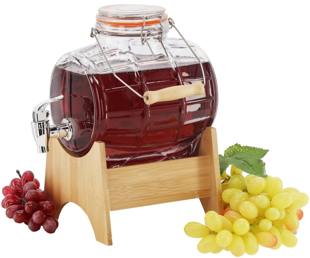 Fässchen mit Holzständer Weinfass Fass Mit Hahn Schnapsfass Whiskyfass Karaffe Getränkespender aus Glas Spender mit Holzuntersatz, Alkoholspender Glasfass mit Zapfhahn (8L)