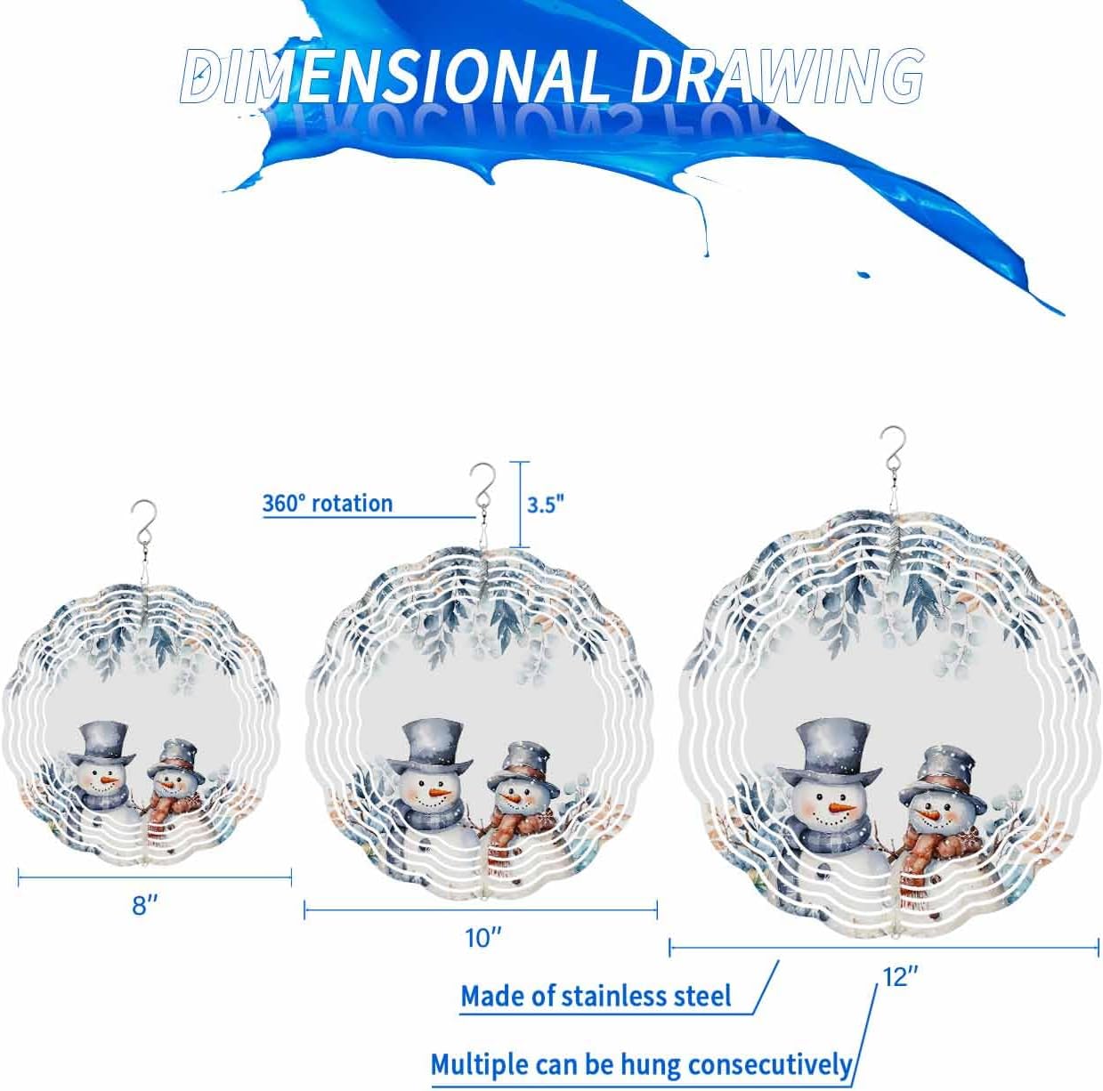 Christmas Snowman Wind Spinner 3D Stainless Steel, 12 Inch Double Sided Circle Hanging Wind Spinners, Eucalyptus Leaves Gift Box Snowflake Garden Art Wind Sculpture for Yard Porch Front Door