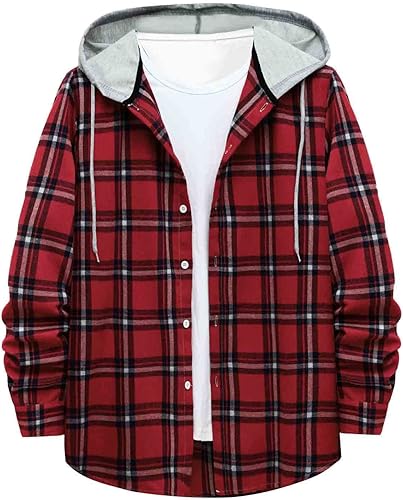 EELHOE Men's Button Down Hooded Plaid Shirt Jackets Autumn Winter Long Sleeve Hipster Tops Classic Warm Lightweight Hoodies