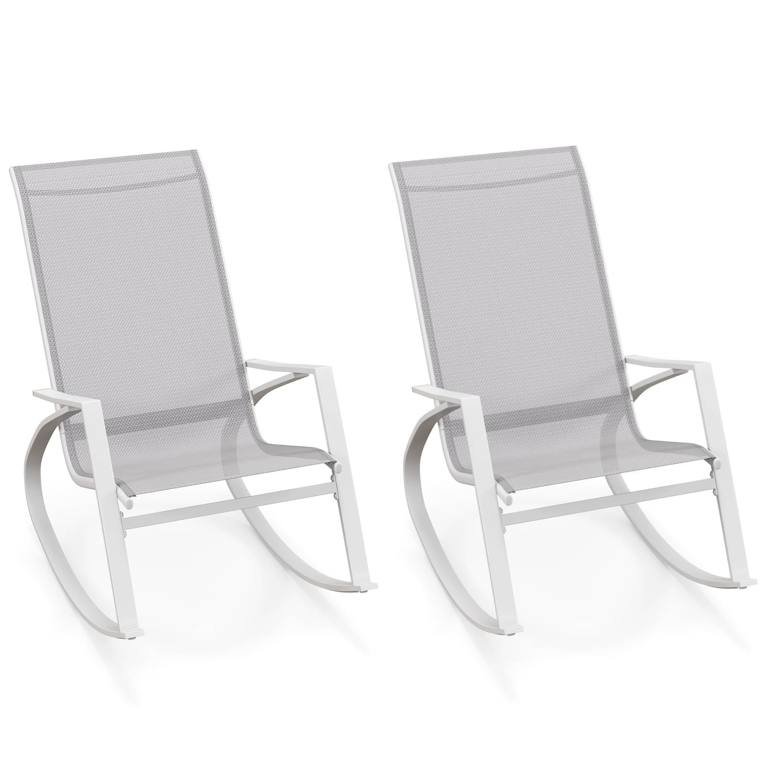 RELAX4LIFE 2PCS Garden Rocking Chairs, Ergonomic Outdoor Fabric Rocking Armchairs Lounge Chairs with High Backrest, Metal Frame Patio Rocking Seat Porch Rocker for Backyard, Balcony, Deck (Grey)