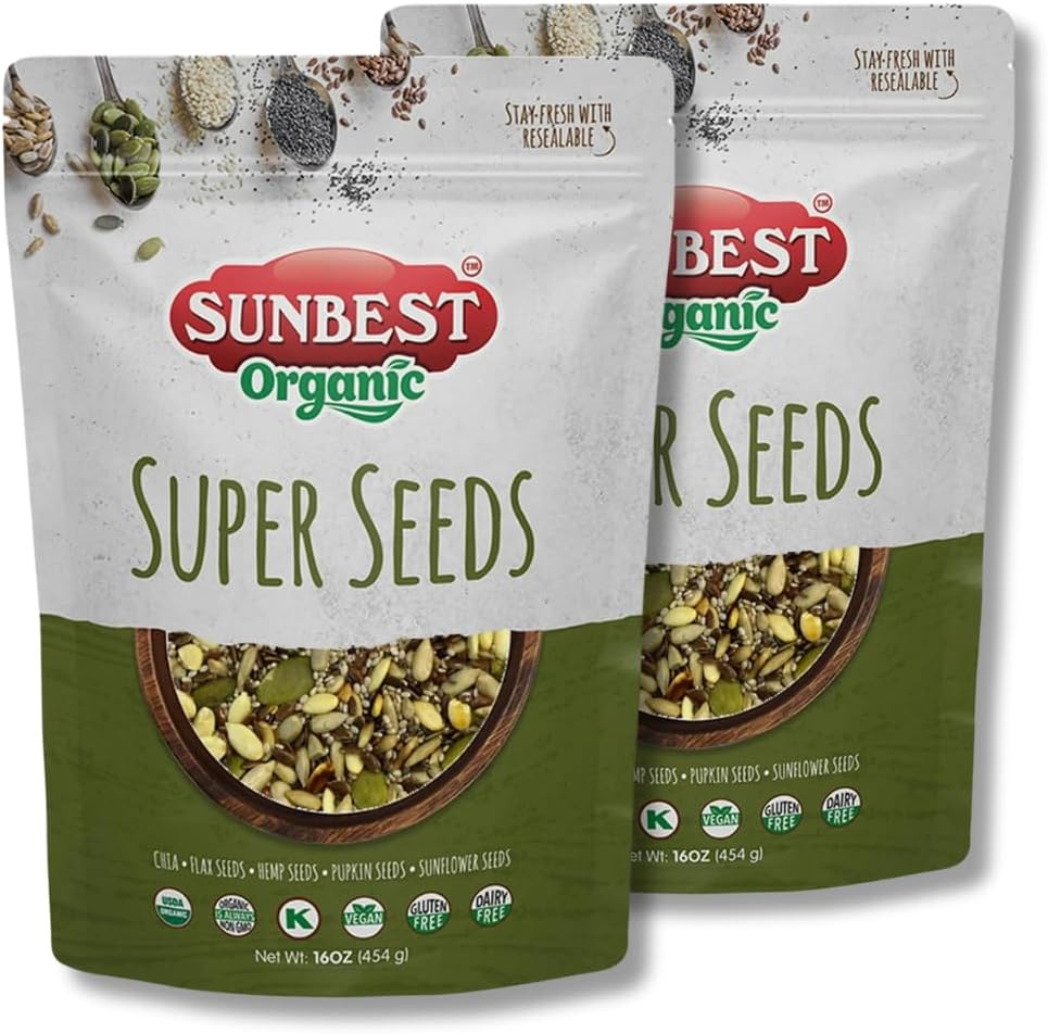 Sunbest Natural Organic Super Seeds Mix, 2-Pack – Raw Chia, Flax Seed, Hemp, Pumpkin & Sunflower Seeds – Great For Trail Mix, Smoothies & Salads – Superfood Blend Rich in Protein & Fiber (32 oz)