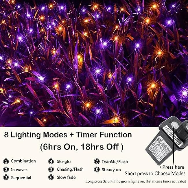 Joomer 12ft x 5ft 360LED Orange Purple Halloween Net Lights Outdoor Mesh lights, 8 Modes Timer Connectable Waterproof Bush Lights Mesh Netting Lights for Halloween Outdoor Decorations (Green Wire)