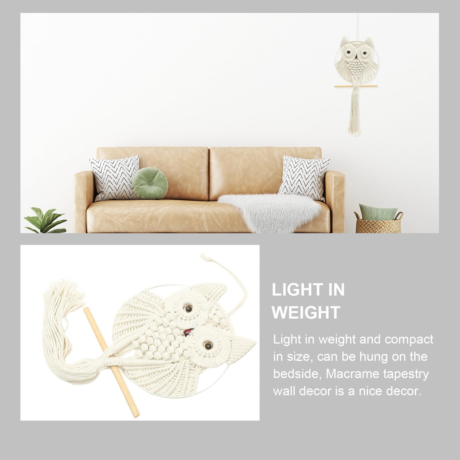 Boho Eule Makramee Wandbehang Tapisserie Handgemachte Baumwolle Seil Wanddekoration mit Quaste Anhänger, Leichter Stahl und Holzrahmen, für Wohnheim oder Raumdekoration