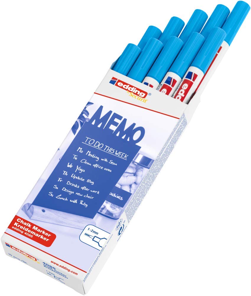 Edding 4085 marcador de tiza - azul - 10 rotuladores de tiza - punta redonda 1-2 mm - rotuladores para cristal borrables - para pizarras, vidrio y espejos - tiza líquida de cobertura opaca