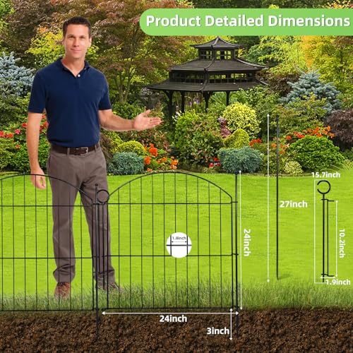 Image of Thrivinest Decorative Garden Fence, 24in H x10ft L, 5 Pack No Dig Fence Animal Barrier, Arched Flower Bed Edging, Metal, Black, Traditional