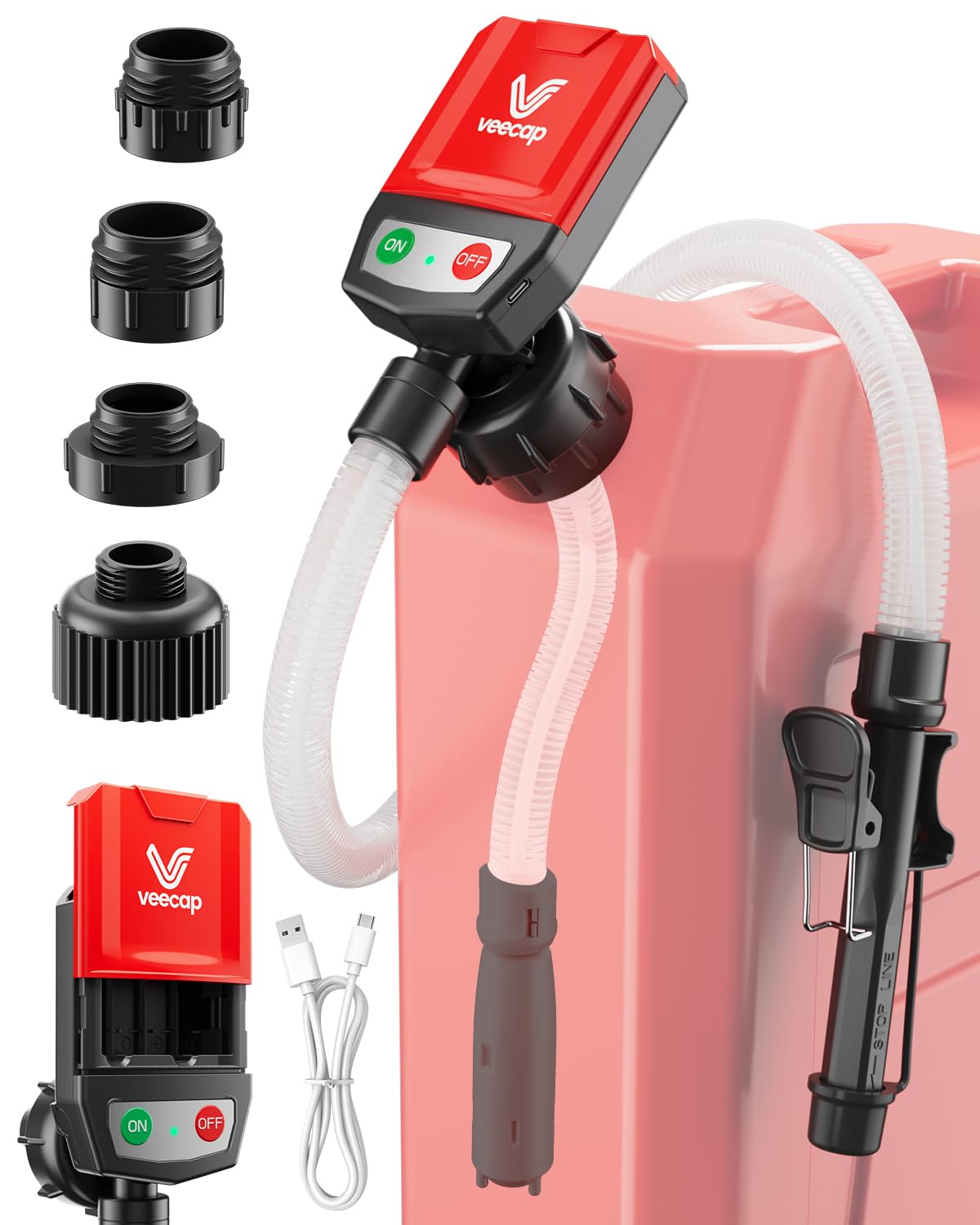 VEECAP Automatic Electric Fuel Transfer Pump with Auto-Stop, 3.8GPM & 51" Hose & 4 Size Adapters Gas Can Pump with Leak Protection for Gasoline, Diesel, Kerosene, Gifts for Men Dad Him - 2nd Gen Black