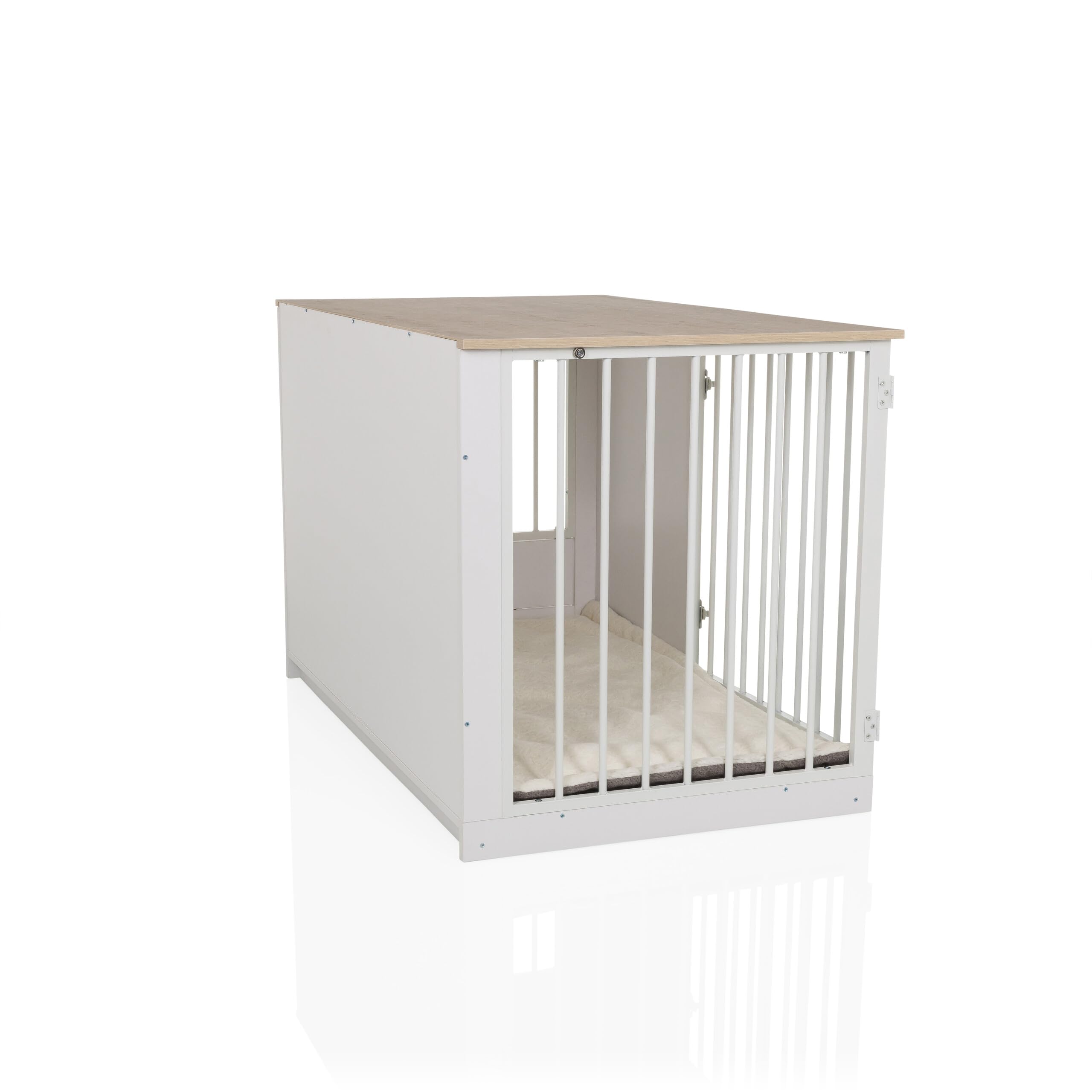 Hundebox für Zuhause, 102x60x65,5 cm PAWHOME XL Hundekäfig inkl. Edelstahlnäpfe, Hundehaus mit Tür bis 30kg belastbar, Weiß/Eiche